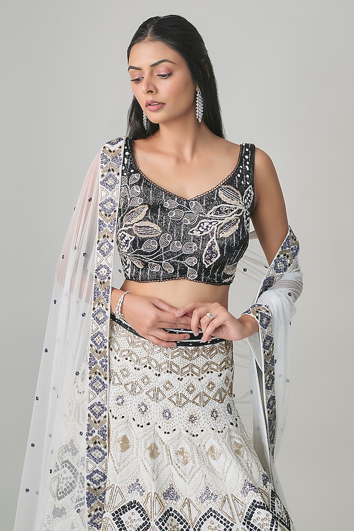 Ivory & Black Georgette Floral Embroidered Bridal Lehenga Set by Ritika Mirchandani at Pernia's Pop Up Shop