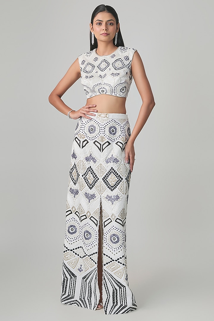 Ivory Georgette Ajrakh Embroidered Slit Skirt Set by Ritika Mirchandani at Pernia's Pop Up Shop