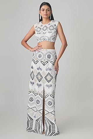 Ivory Georgette Ajrakh Embroidered Slit Skirt Set by Ritika Mirchandani