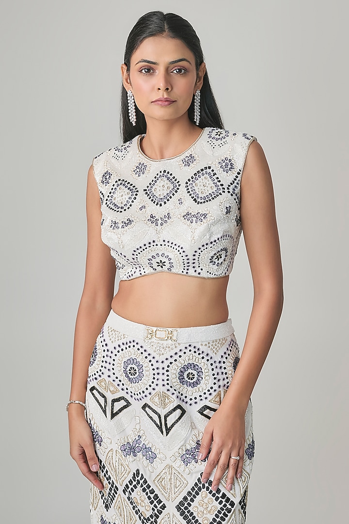Ivory Georgette Ajrakh Embroidered Slit Skirt Set by Ritika Mirchandani at Pernia's Pop Up Shop