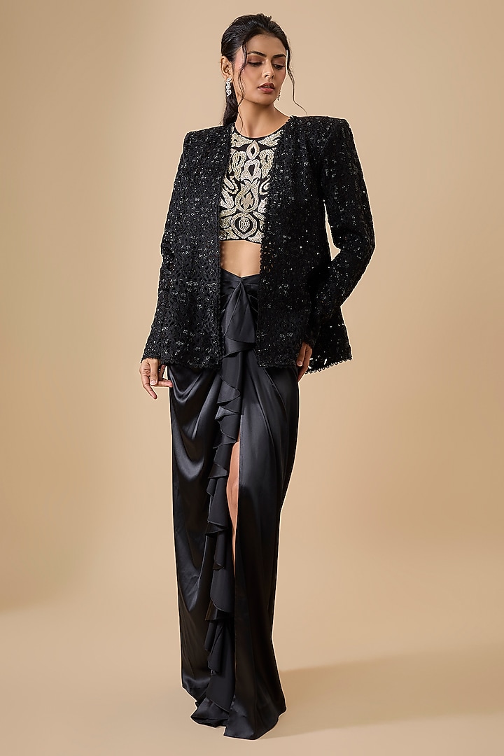 Black Satin Draped Skirt Set by Ritika Mirchandani at Pernia's Pop Up Shop