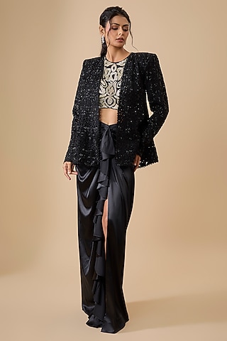 Black Satin Draped Skirt Set by Ritika Mirchandani
