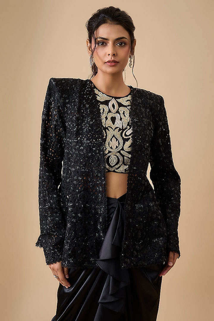 Black Satin Draped Skirt Set by Ritika Mirchandani at Pernia's Pop Up Shop