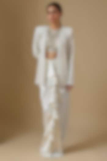 Ivory Net & Satin Cutwork Embroidered Jacket Set by Ritika Mirchandani at Pernia's Pop Up Shop