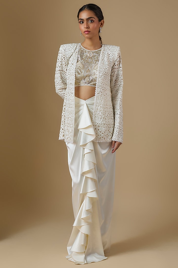 Ivory Net & Satin Cutwork Embroidered Jacket Set by Ritika Mirchandani at Pernia's Pop Up Shop