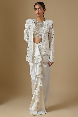 Ivory Net & Satin Cutwork Embroidered Jacket Set by Ritika Mirchandani