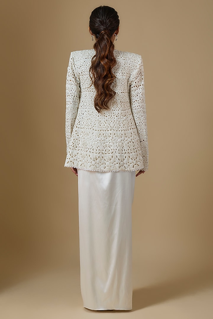 Ivory Net & Satin Cutwork Embroidered Jacket Set by Ritika Mirchandani at Pernia's Pop Up Shop