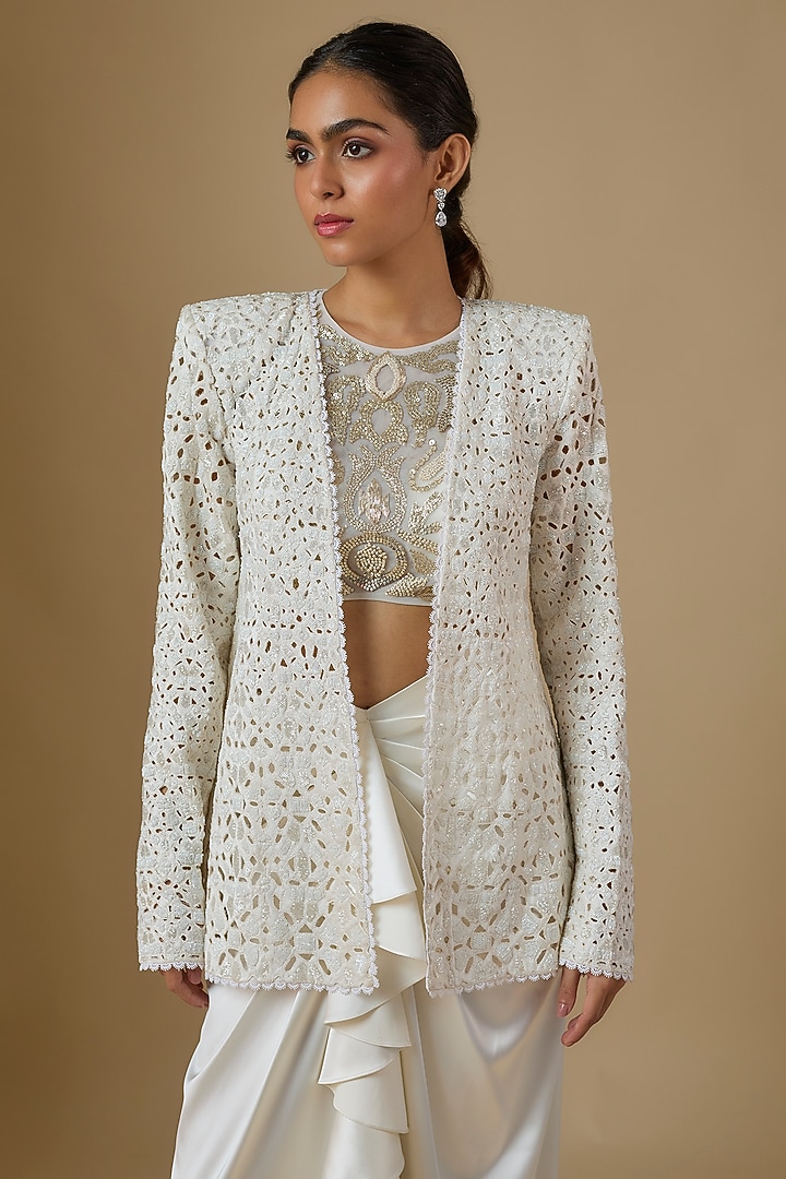 Ivory Net & Satin Cutwork Embroidered Jacket Set by Ritika Mirchandani at Pernia's Pop Up Shop