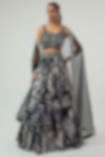 Black Net & Organa Floral Printed Bridal Lehenga Set by Ritika Mirchandani at Pernia's Pop Up Shop