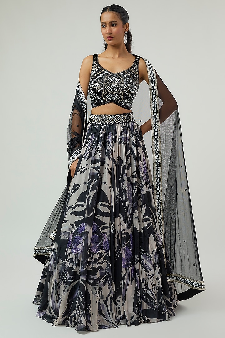 Black Net & Organa Floral Printed Bridal Lehenga Set by Ritika Mirchandani at Pernia's Pop Up Shop
