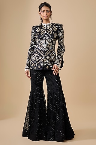 Black Double Georgette Sharara Set by Ritika Mirchandani