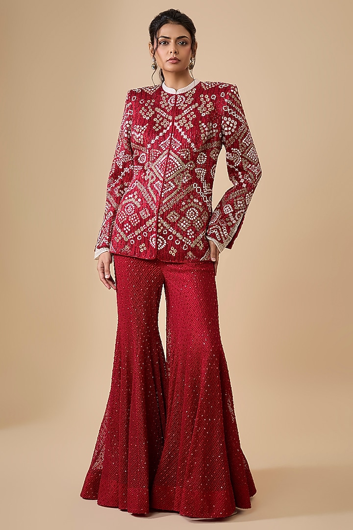 Red Double Georgette Bridal Sharara Set by Ritika Mirchandani at Pernia's Pop Up Shop