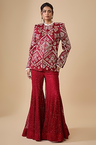 Red Double Georgette Sharara Set by Ritika Mirchandani
