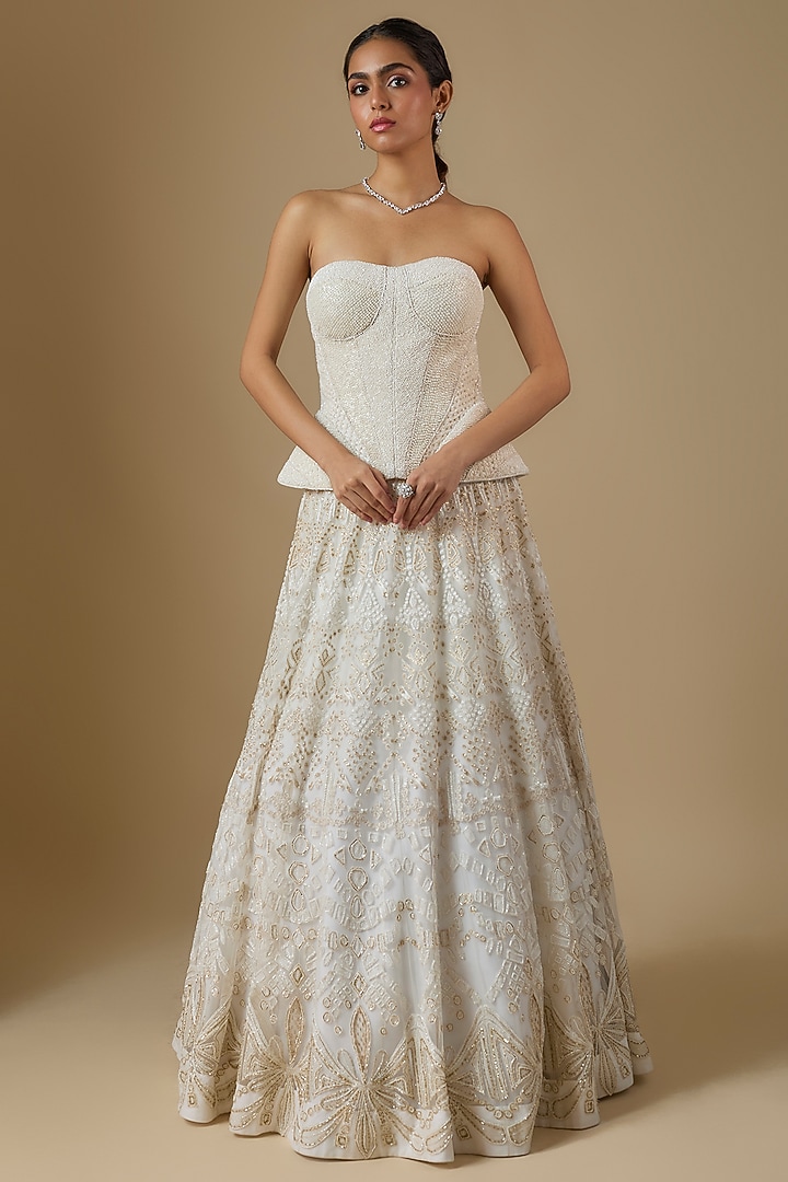 Ivory Crepe & Double Georgette Crystal Embroidered Bridal Lehenga Set by Ritika Mirchandani at Pernia's Pop Up Shop
