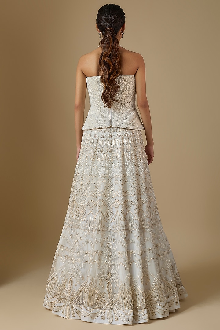 Ivory Crepe & Double Georgette Crystal Embroidered Bridal Lehenga Set by Ritika Mirchandani at Pernia's Pop Up Shop