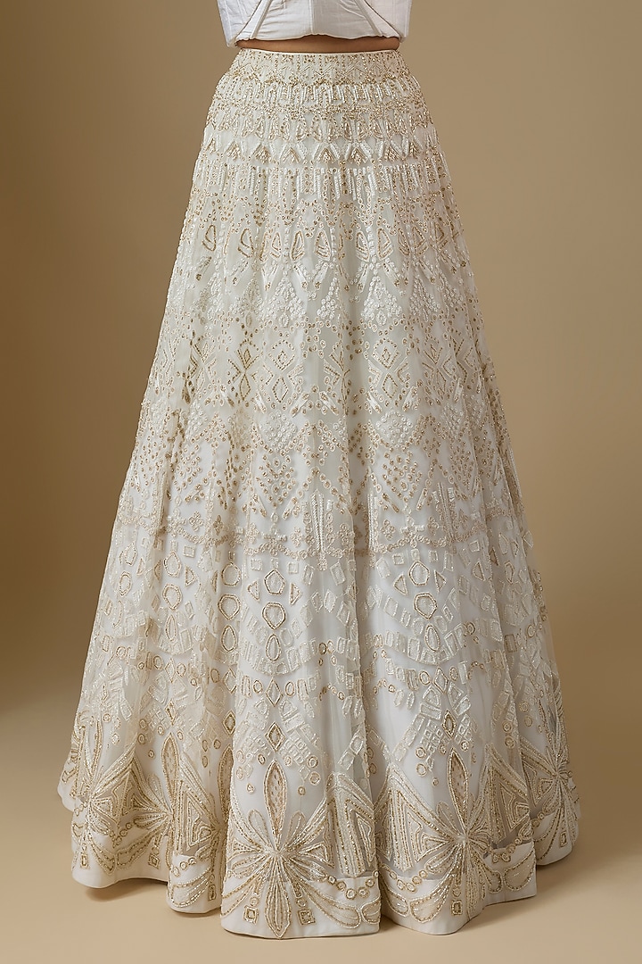 Ivory Crepe & Double Georgette Crystal Embroidered Bridal Lehenga Set by Ritika Mirchandani at Pernia's Pop Up Shop
