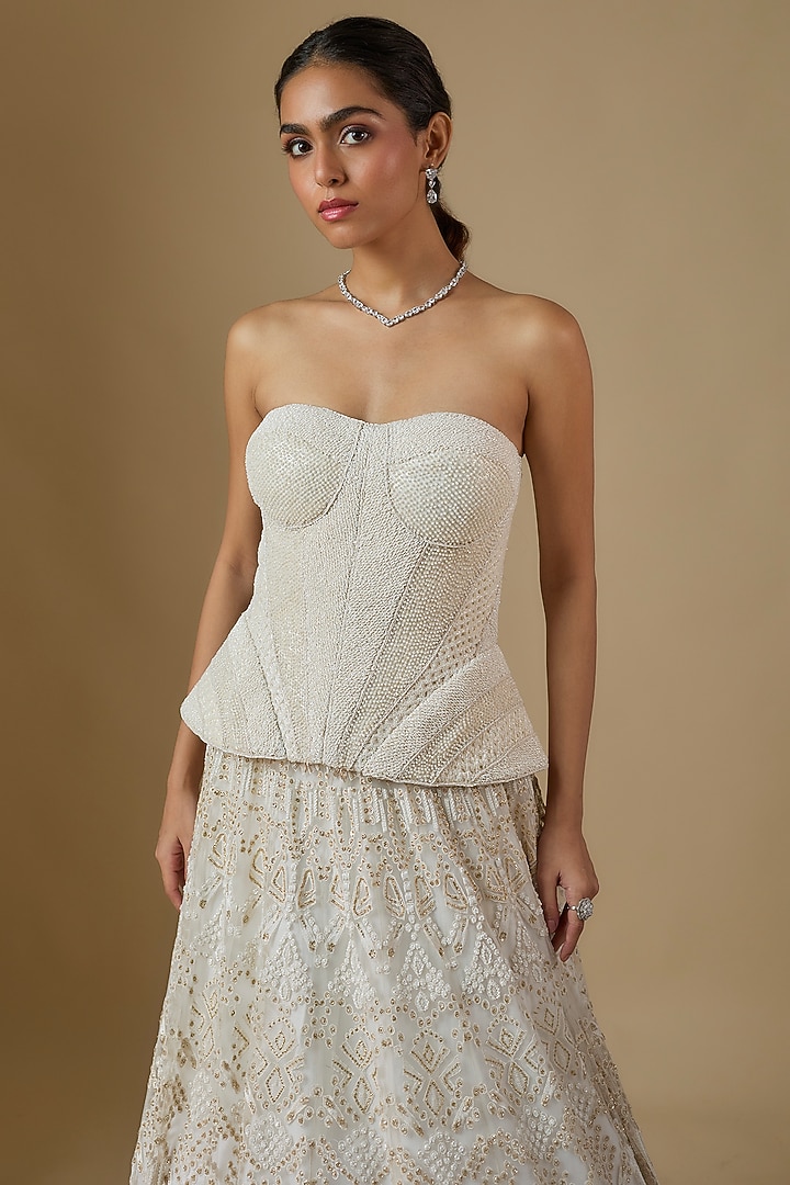 Ivory Crepe & Double Georgette Crystal Embroidered Bridal Lehenga Set by Ritika Mirchandani at Pernia's Pop Up Shop