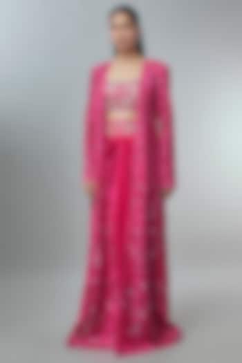 Fuchsia Net Geometric Cutwork Cape Set by Ritika Mirchandani at Pernia's Pop Up Shop