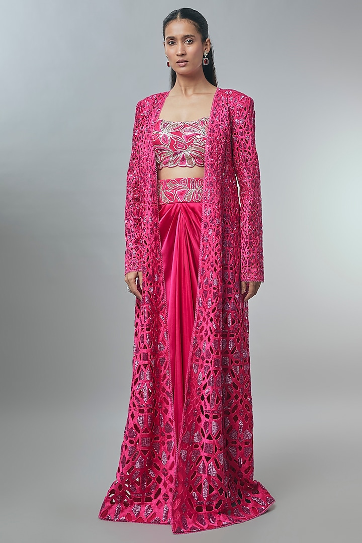 Fuchsia Net Geometric Cutwork Cape Set by Ritika Mirchandani at Pernia's Pop Up Shop