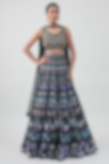 Black Organza Floral Printed Bridal Lehenga Set by Ritika Mirchandani at Pernia's Pop Up Shop