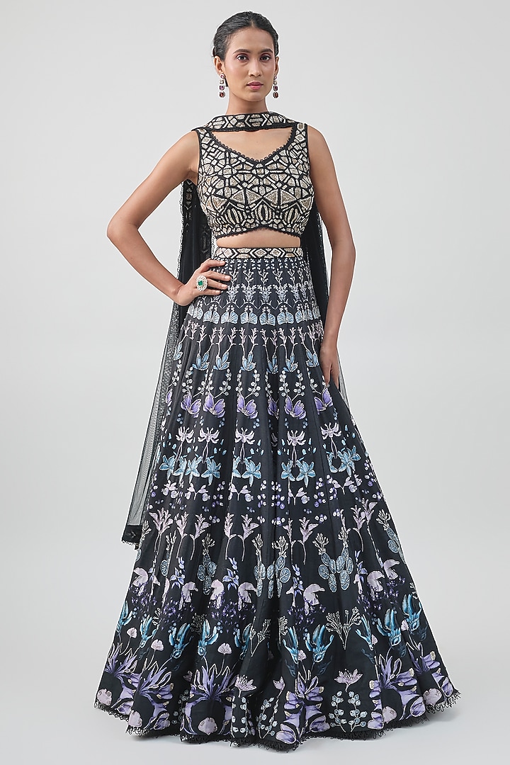 Black Organza Floral Printed Bridal Lehenga Set by Ritika Mirchandani at Pernia's Pop Up Shop