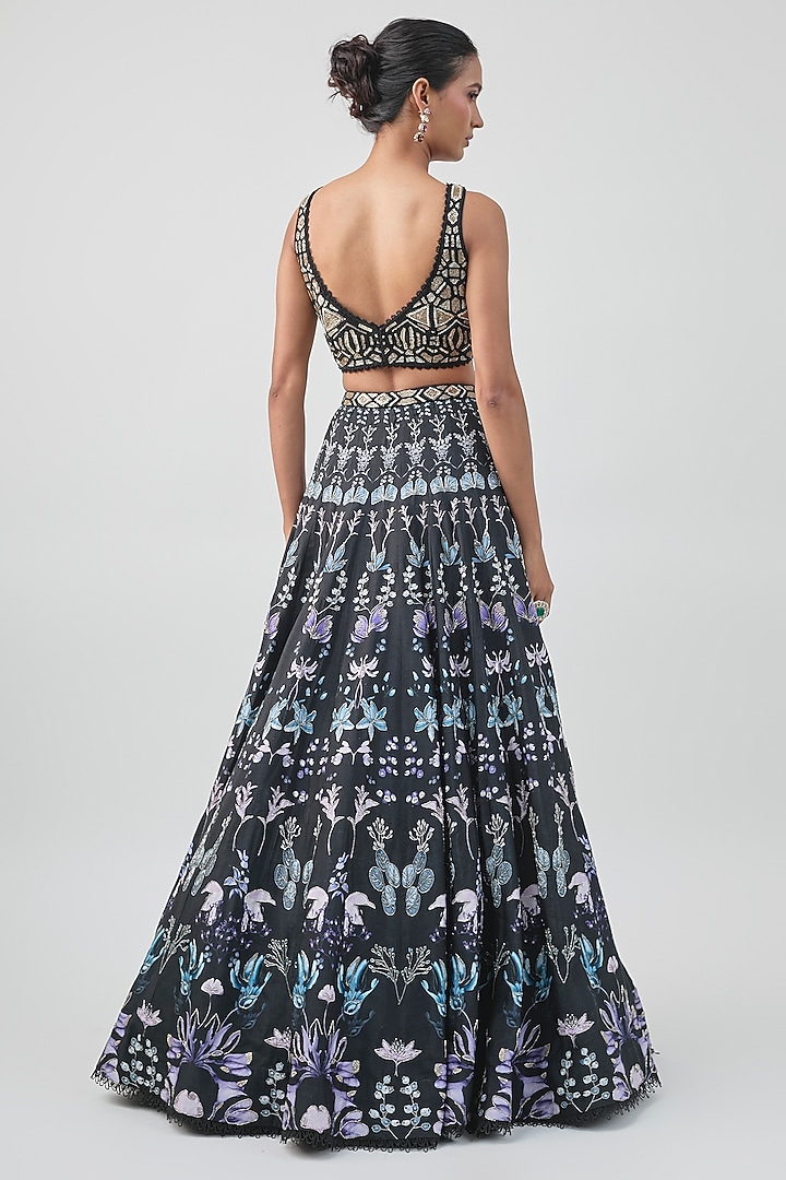 Black Organza Floral Printed Bridal Lehenga Set by Ritika Mirchandani at Pernia's Pop Up Shop