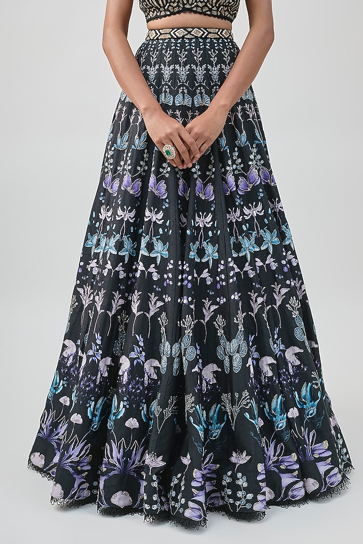 Black Organza Floral Printed Bridal Lehenga Set by Ritika Mirchandani at Pernia's Pop Up Shop