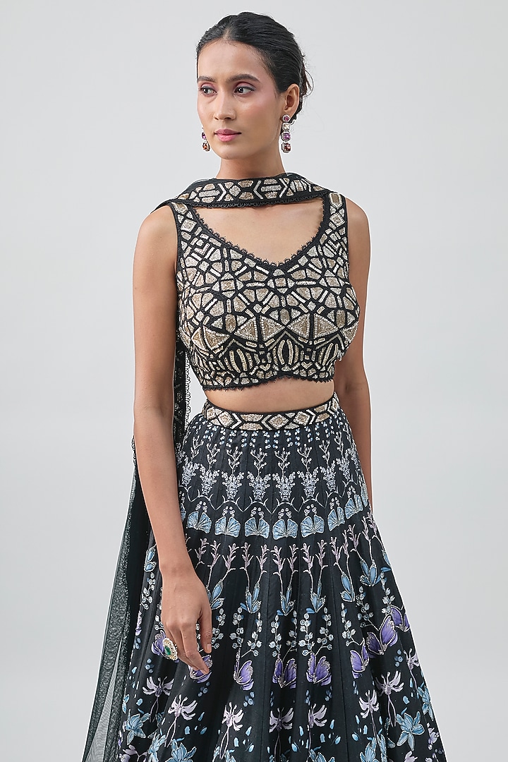 Black Organza Floral Printed Bridal Lehenga Set by Ritika Mirchandani at Pernia's Pop Up Shop