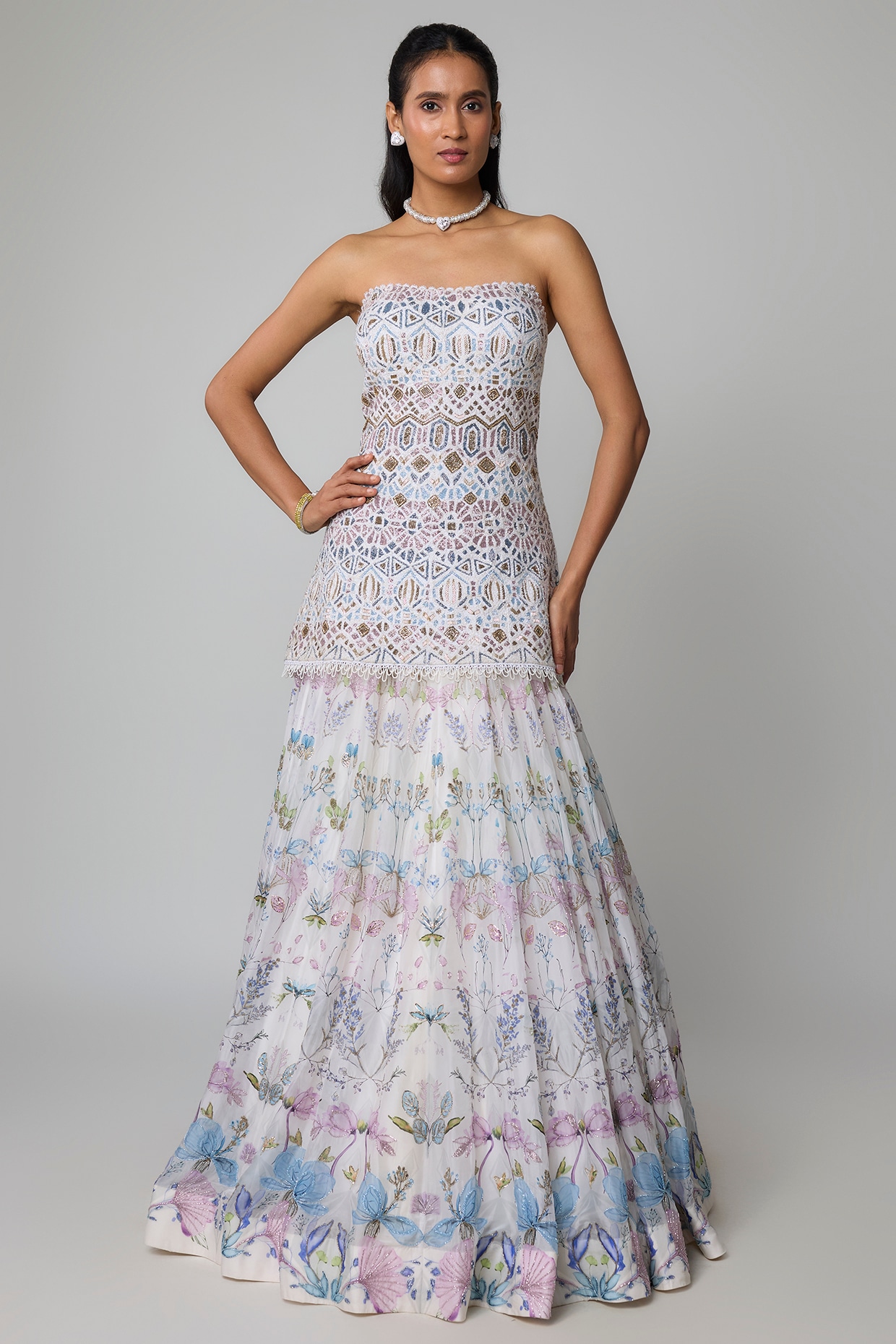 Ritika Mirchandani Ivory Net & Organza Floral Embroidered Lehenga Set