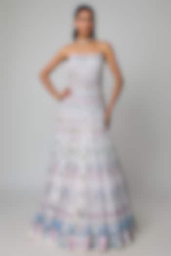 Ivory Net & Organza Floral Embroidered Bridal Lehenga Set by Ritika Mirchandani at Pernia's Pop Up Shop