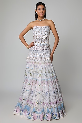 Ivory Net & Organza Floral Embroidered Lehenga Set by Ritika Mirchandani