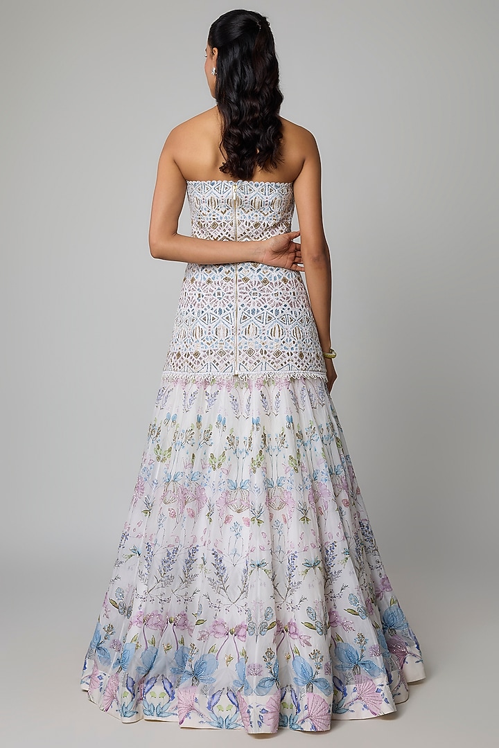 Ivory Net & Organza Floral Embroidered Bridal Lehenga Set by Ritika Mirchandani at Pernia's Pop Up Shop