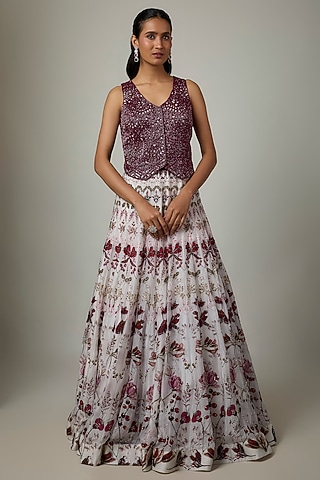 Ivory & Pink Organza Printed Lehenga Set by Ritika Mirchandani
