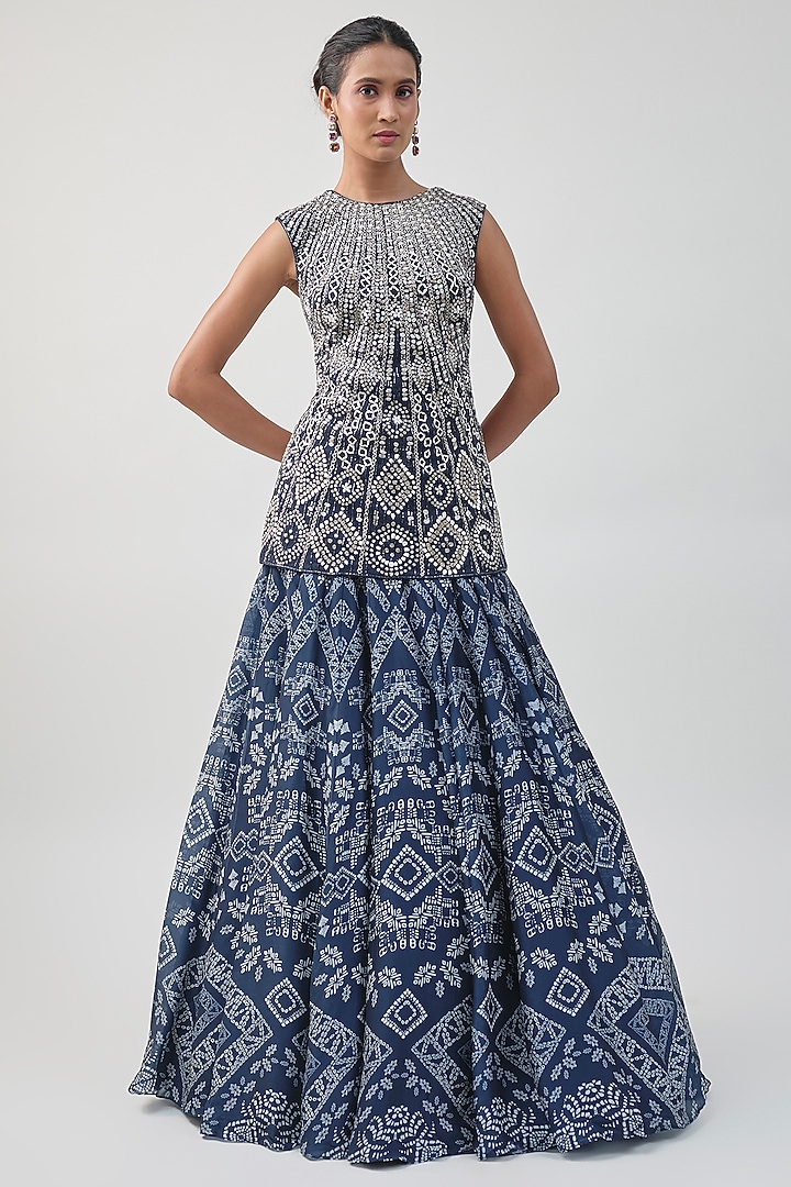Midnight Blue Georgette Ajrakh Printed Bridal Lehenga Set by Ritika Mirchandani at Pernia's Pop Up Shop