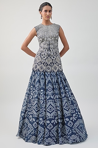 Midnight Blue Georgette Ajrakh Printed Lehenga Set by Ritika Mirchandani
