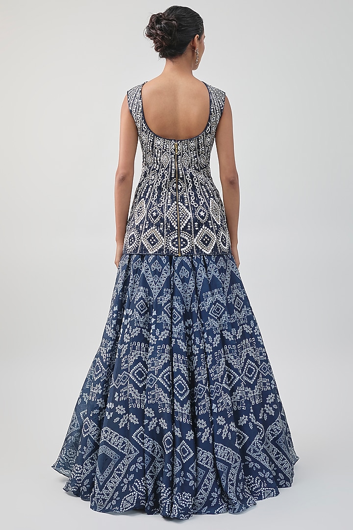 Midnight Blue Georgette Ajrakh Printed Bridal Lehenga Set by Ritika Mirchandani at Pernia's Pop Up Shop