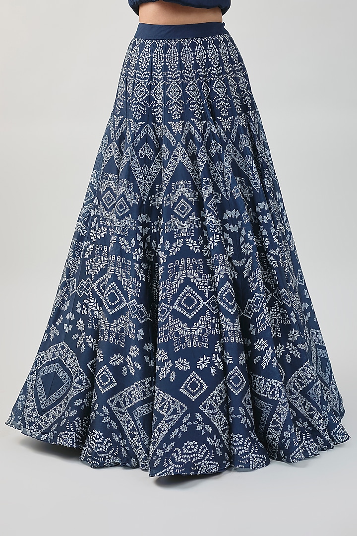 Midnight Blue Georgette Ajrakh Printed Bridal Lehenga Set by Ritika Mirchandani at Pernia's Pop Up Shop