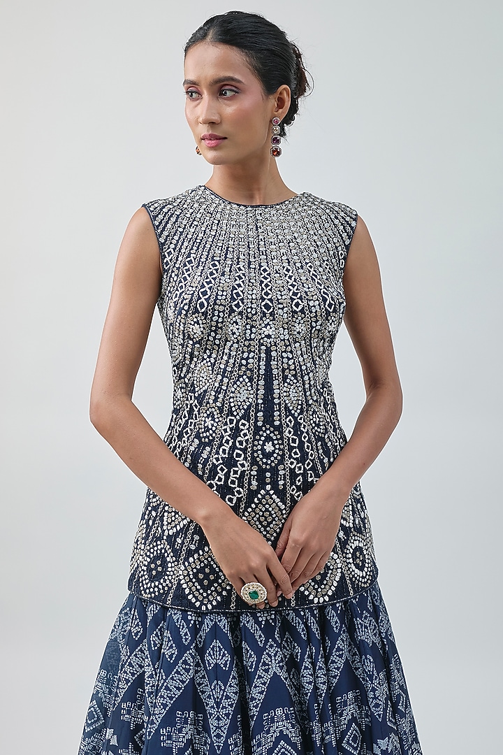Midnight Blue Georgette Ajrakh Printed Bridal Lehenga Set by Ritika Mirchandani at Pernia's Pop Up Shop