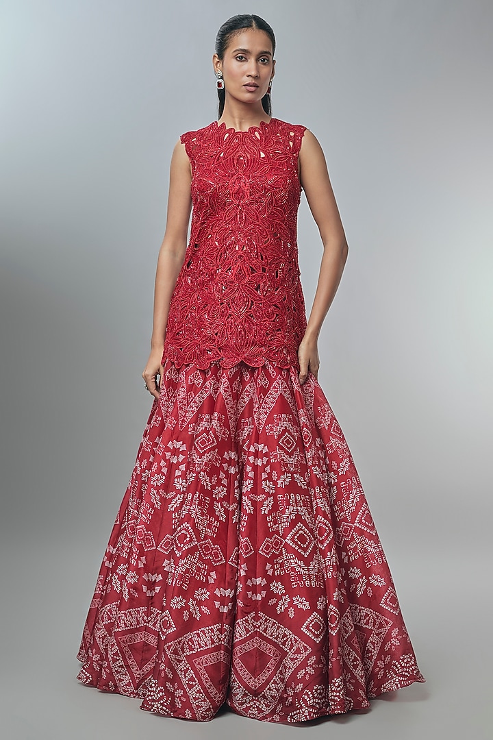 Maroon Red Georgette & Crepe Ajrakh Printed Bridal Lehenga Set by Ritika Mirchandani at Pernia's Pop Up Shop