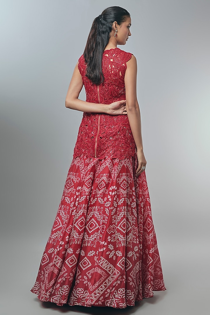 Maroon Red Georgette & Crepe Ajrakh Printed Bridal Lehenga Set by Ritika Mirchandani at Pernia's Pop Up Shop