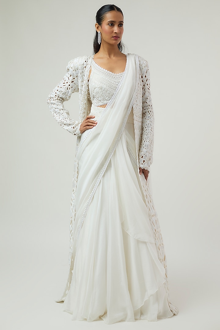 Ivory Net & Organa Draped Slit Bridal Saree Set by Ritika Mirchandani at Pernia's Pop Up Shop