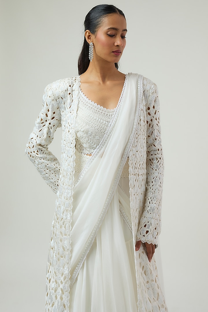 Ivory Net & Organa Draped Slit Bridal Saree Set by Ritika Mirchandani at Pernia's Pop Up Shop