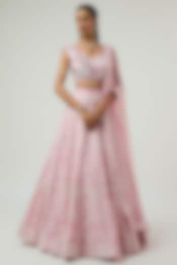 Blush Pink Double Georgette Ajrak Embroidered Bridal Lehenga Set by Ritika Mirchandani at Pernia's Pop Up Shop
