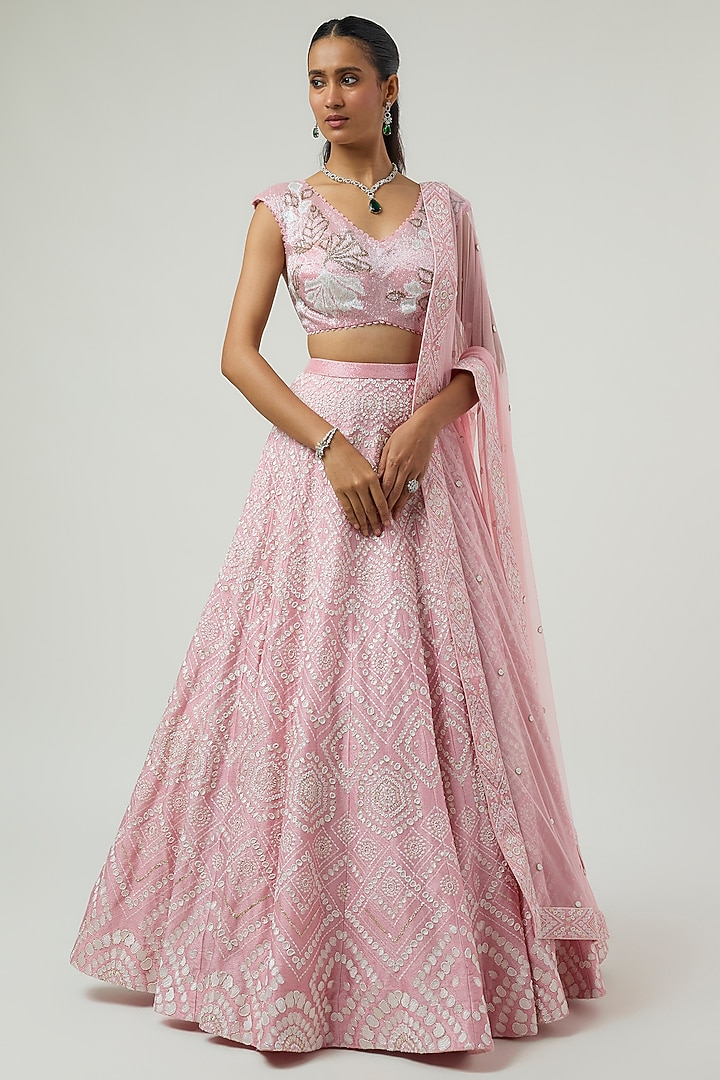 Blush Pink Double Georgette Ajrak Embroidered Bridal Lehenga Set by Ritika Mirchandani at Pernia's Pop Up Shop