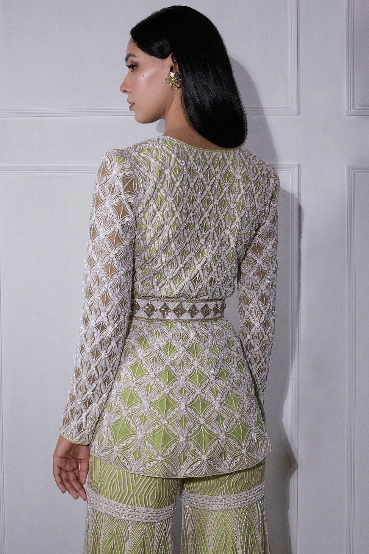 Ivory & Jade Green Hand Embroidered Sharara Set by Ritika