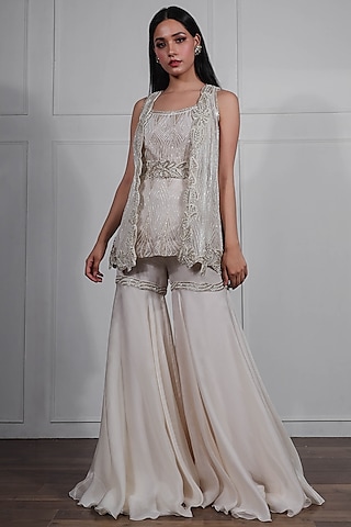 Ivory & Gold Hand Embroidered Sharara Set by Ritika Mirchandani