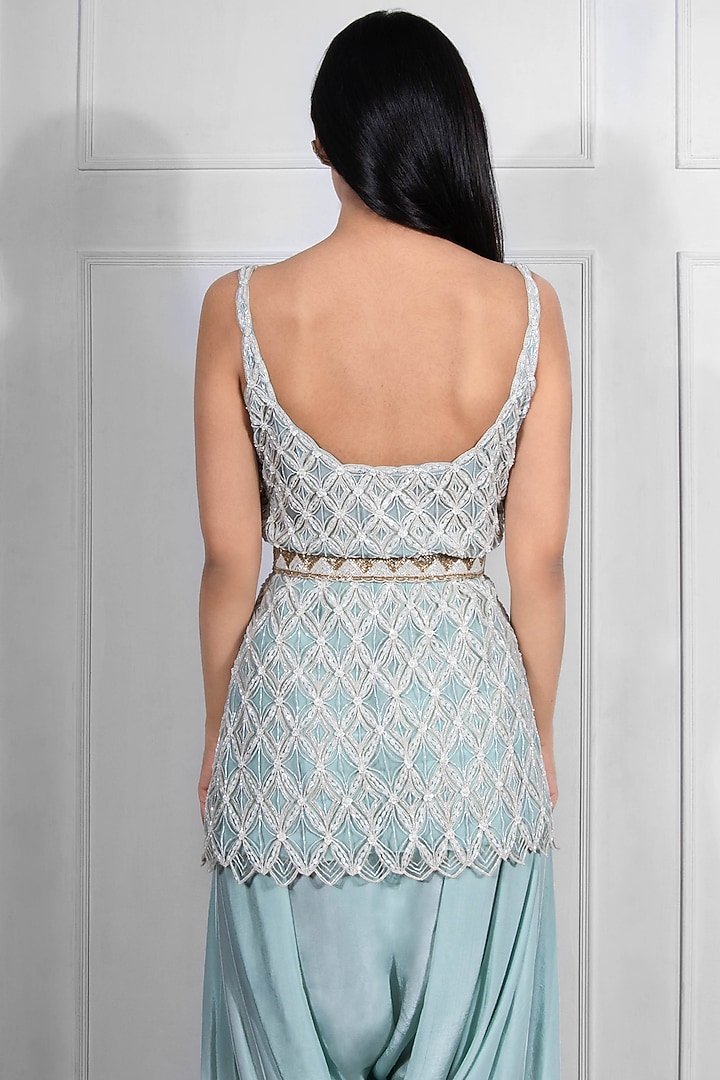 Ivory & Blue Hand Embroidered Kurta Set With Cape by Ritika Mirchandani at Pernia's Pop Up Shop