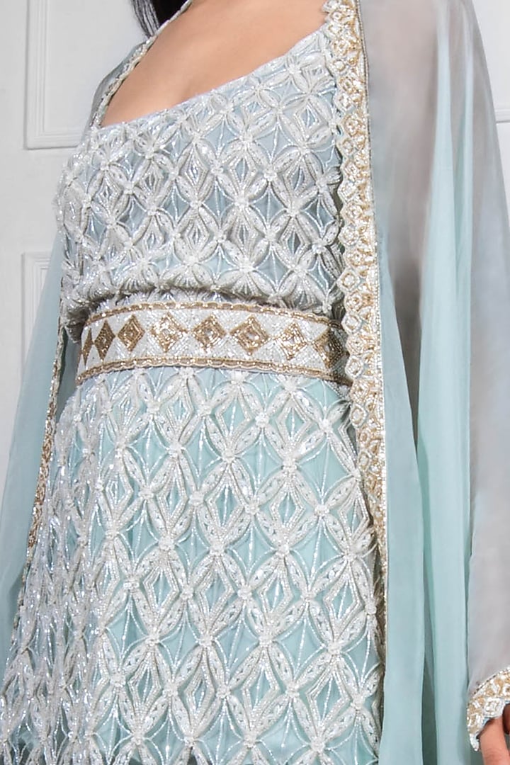 Ivory & Blue Hand Embroidered Kurta Set With Cape by Ritika Mirchandani at Pernia's Pop Up Shop