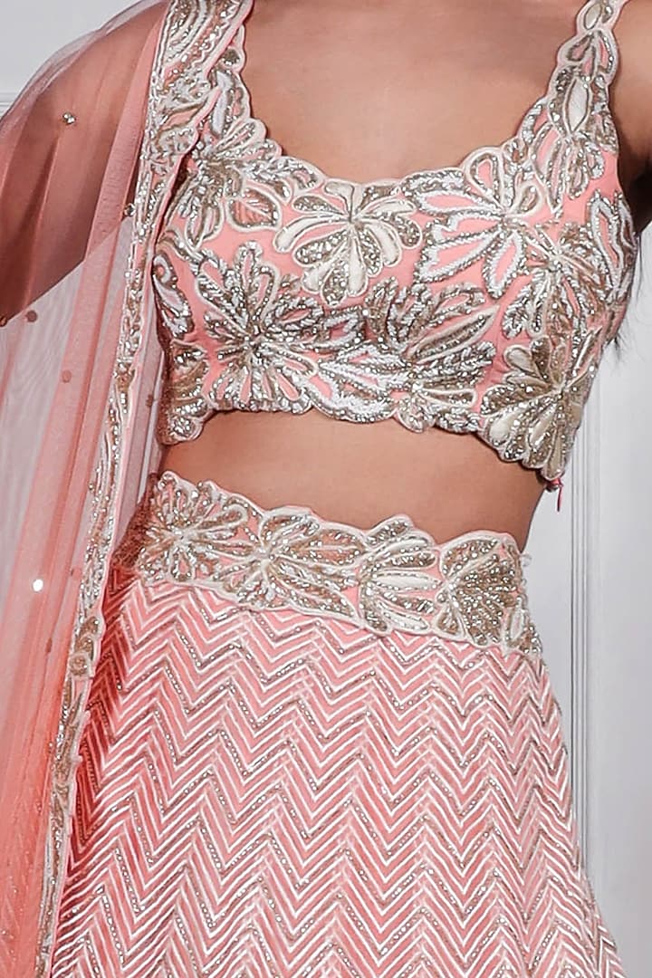 Ivory & Pink Floral Hand Embroidered Bridal Lehenga Set by Ritika Mirchandani at Pernia's Pop Up Shop