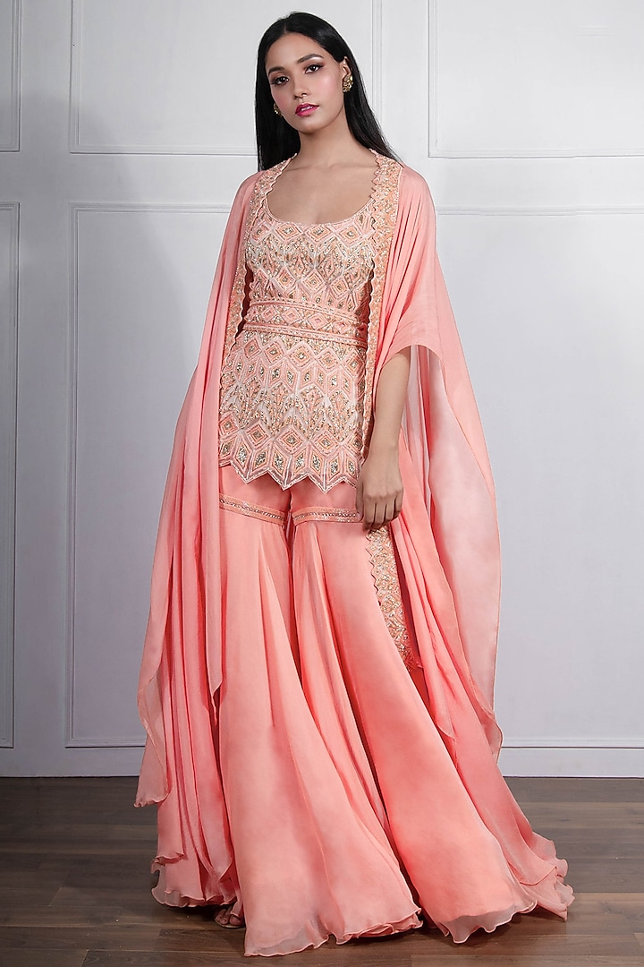 Peach Hand Embroidered Sharara Set by Ritika Mirchandani